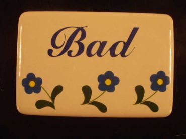 Emailleschild/Türschild zum Kleben mit Blümchen "Bad" 6 x 4 cm.