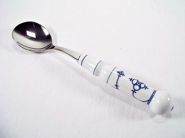Sahnelöffel 18 cm indischblau , Strohmuster, Edelstahl mit Porzellangriff.